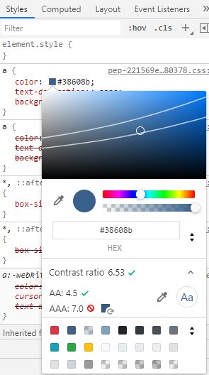 DevTool's color picker helps determine conforming contrast ratios.